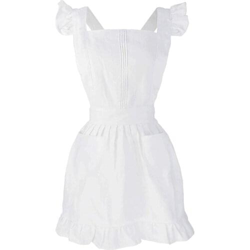 Womens Girls Ruffles Outline Retro White Apron Adjustable Victorian Bib Maid Cosplay Kitchen Cake Baking Cooking Cleaning K0AB