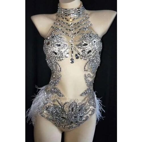 Nightclub Female Singer GoGo Dancer Sparkly Rhinestone Feather Silver/Gold Sexy Jumpsuit DJDS Festival Party Rave Outfit DJ373