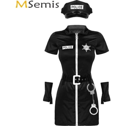 Womens Sexy Police Officer Costume Cop Cosplay Uniform Turn-down Collar Bodycon Mini Dress with Cuffs Halloween Erotic Role Play