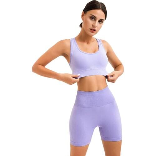 Womens Yoga Two-Piece Knitted Seamless Racer Back Sports Bra Hips Five-point Pants Fitness Yoga Workout Wear Set