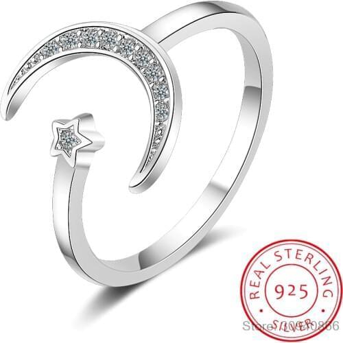 100% 925 Solid Real Sterling Silver Fine Jewelry Moon Star CZ Cocktail Opening Ring Sizable For Women Girl Gift DA27