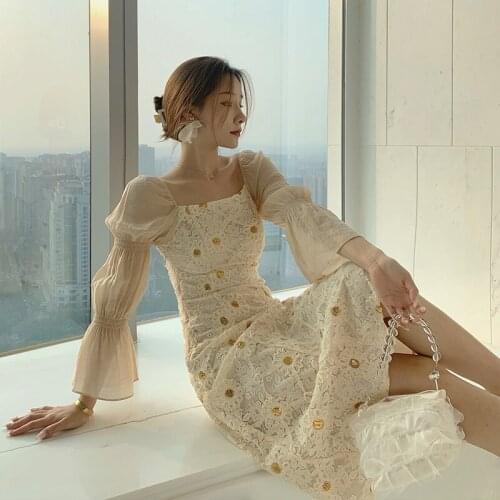 2021 Spring autumn Square collar midi Dress new British style Casual Dresses Sexy Long sleeve Women Fashion Party Dresses