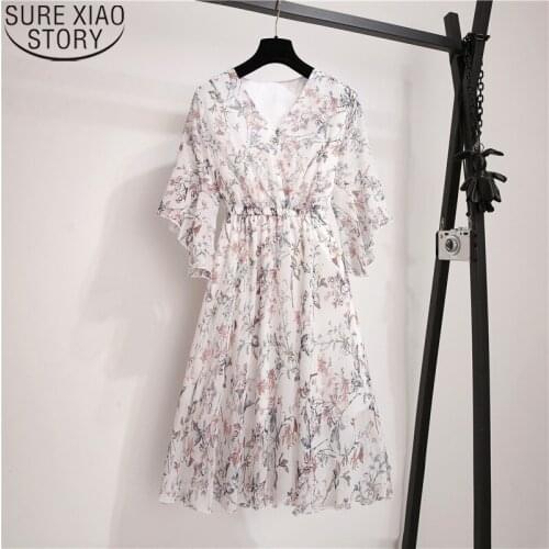 2020 Spring Summer A-line Print Women Pink Chiffon Dress Sweet V-Neck Half Ruffles Sleeve Casual Knee-length Dresses 9436 50