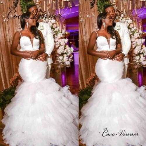 Sexy V neck Small Strapes Tiered Mermaid Wedding Dress Africa 2021 New Elegant Custom Made Bride Dresses Women Pure White W0832