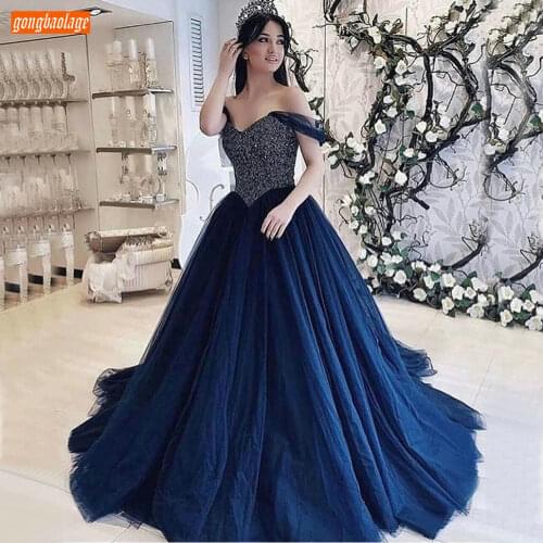 Fashion Dark Royal Blue Evening Gowns 2020 Sweetheart Beaded Tulle Long Evening Dresses Custom Made Sexy Gala Women Formal Dress