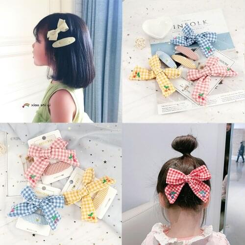 2Pcs/Set Cherry Bowknots Hair Clip Accessories Set Lovely Daisy Plaid Duckbill Hairpins Sweet Headdress Gifts For Girls Children