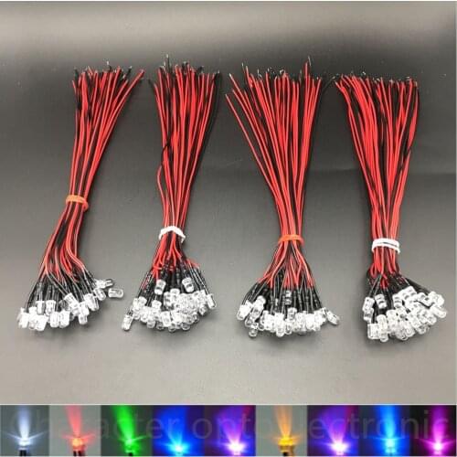 20-100pcs/lot 3mm/5mm cool white warm white Red/Green/Blue/RGB 3V 5V 12V DC Round Pre-Wired Water Clear LED