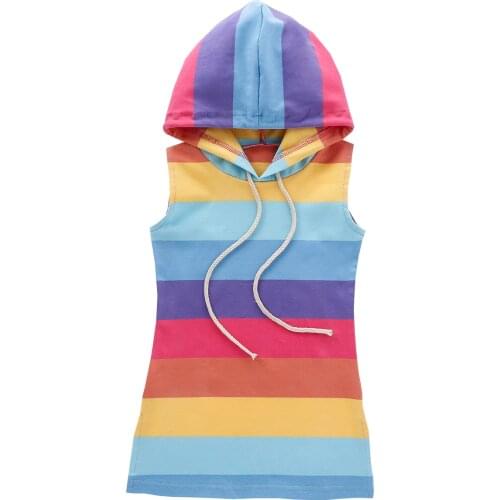 2020 Baby Summer Clothing Kids Baby Girl Hooded Shift Gown Colorful Striped Clothes Rainbow Outfit Split Dress Sunsuit1-7Y