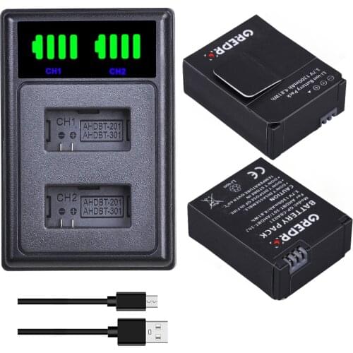 AHDBT-301 AHDBT-302 Battery with Charger for GoPro Hero 3, Hero 3 +, HD HERO3 Black Edition, AHDBT 301, AHDBT302 Action Camera