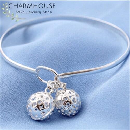 Pure Silver Charm Bangles For Women Double Ball Beads Cuff Bangle & Bracelet Pulseira Femme Wedding Jewelry Accesories Bijoux