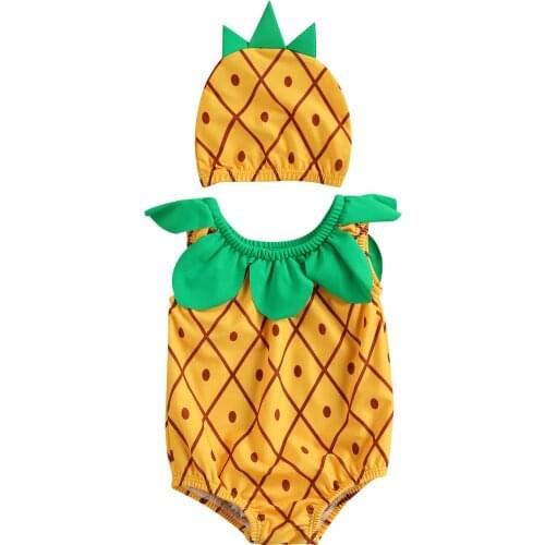 Kids Swimsuits With Hat Girls Pineapple Print Round Neck Sleeveless Childrens Swimwear Cap For Summer Baby Clothes Beachwear