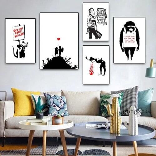 Banksy Graffiti Abstract Posters Black White Creative Canvas Painting and Prints Modern Wall Art Pictures Living Room Home Decor