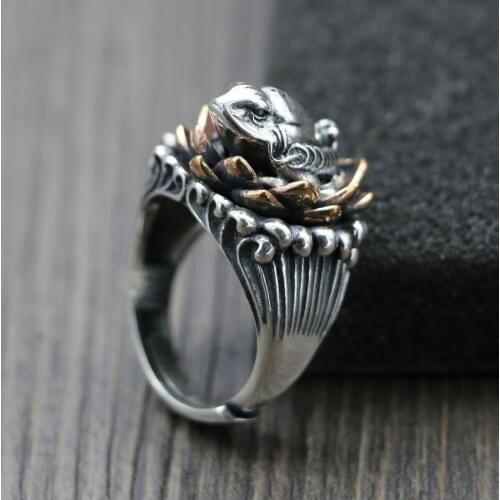 925silver vintage lotus toad male character original ring opening adjustment index Thai silver handicrafts rings