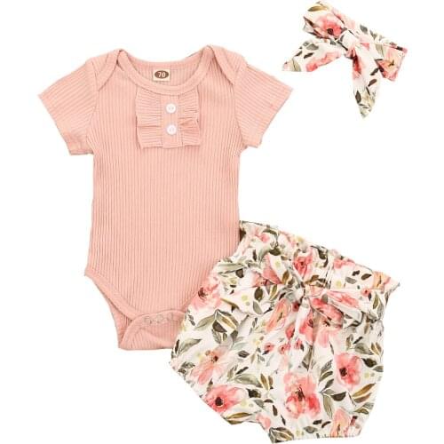 3PCS Set Newborn Baby Girls Clothes Set Ruffle Romper Tops Floral Print Short Pants Headband Toddler New Born Summer Outfits