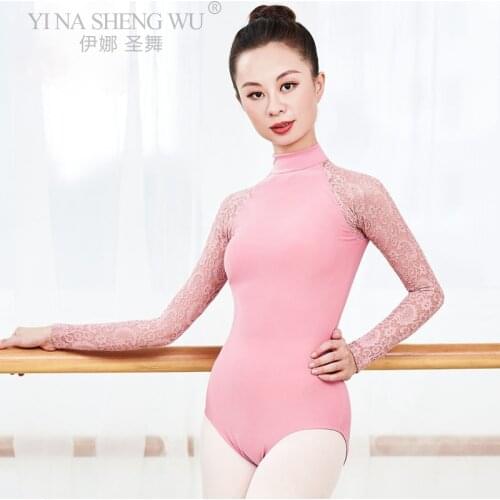 Adults Long Sleeve Lace Dance Leotard For Women High Neckline Ballet Clothing Elegant Mature Woman Clothing Team Game Dancewear