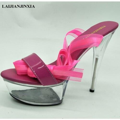 LAIJIANJINXIA New Lovely Tulle Lace Up Women Sandals Bohemia Style Shoes Ladies Clear 15CM High Heels Platform Sandalias Mujer