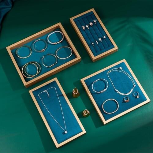 Fashion Wooden Velvet Jewelry Display with Microfiber Ring Necklace Tray Earring Bracelet Stand Jewelry Organizer Showcase