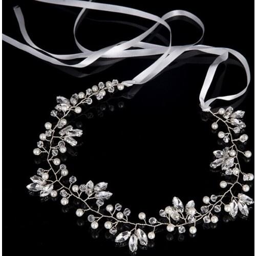 TREAZY Romantic Bridal Wedding Headband Imitation Pearl Crystal Flower Bride Headdress Wedding Jewelry Accessories with Ribbon