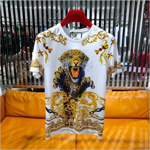 Summer Luxury Korean Black Gold Animal Slim T-Shirt Exquisite Hot Drilling Leopard Printing Men s Trend Brand Short Sleeve