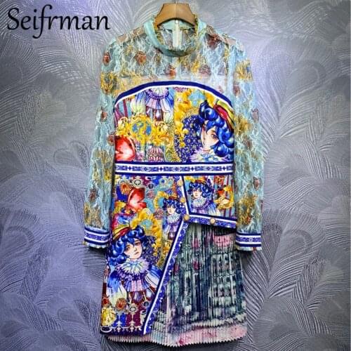Seifrmann Women Summer Fashion Runway Party Midi Dress Lace Long Sleeve Vintage Printed Ladies Patchwork Pleated Dresses 2021