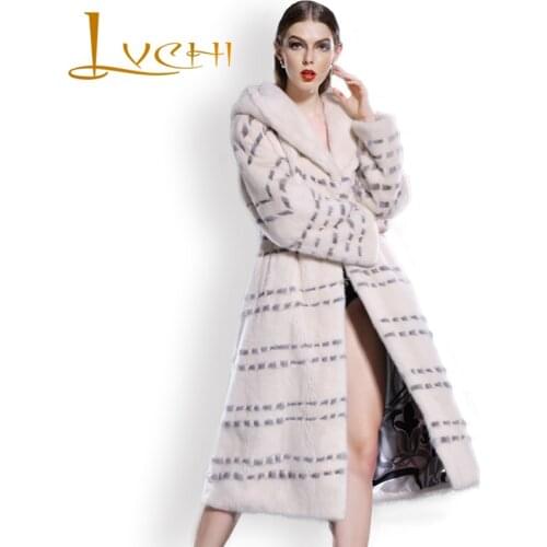 LVCHI 2019 new style Noble desgin Womens Winter Purple Quality Velvet Mink Fur Coat Long loose Natural fur with hat mink coat