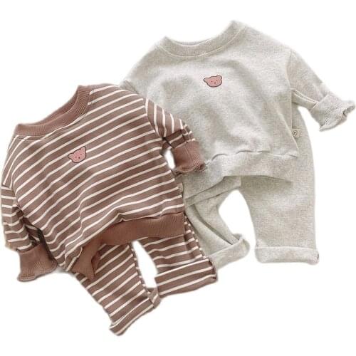 2021 New Spring Autumn Toddler Baby Tracksuit Korean Children Bear Print Striped Jumper+Pants Leggings Casual 2pcs Kids Clothes