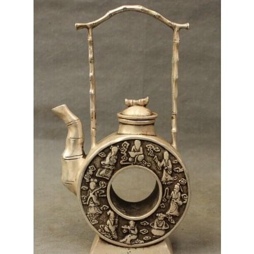 8" Chiense Silver Buddhism 8 immortal God Statue Auspicious Hold Teapot Wine Pot Decoration Brass Bronze