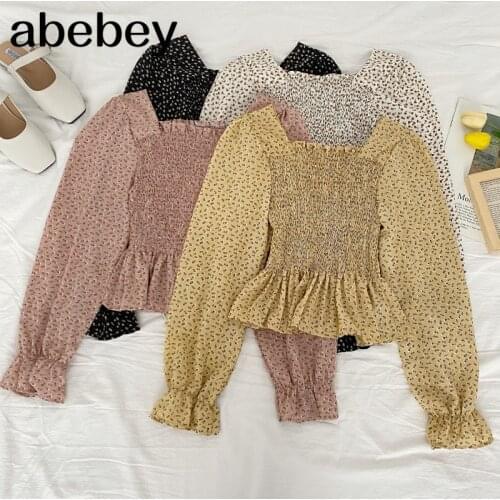 2021 New Spring Summer Women Sweet Square Collar wood ear edge floral Blouse ruched slim Ruffle chiffon Shirt Top