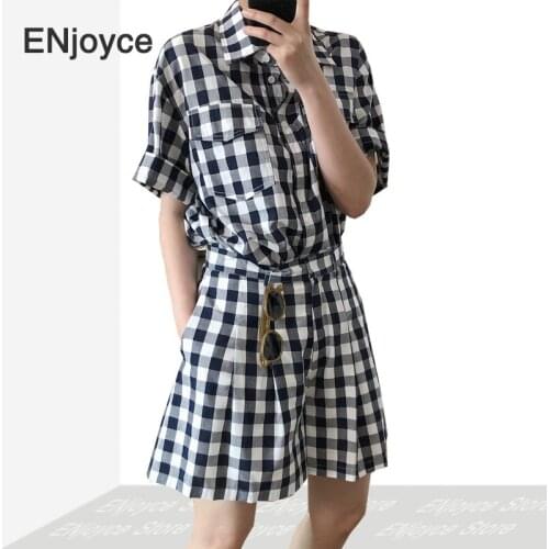 Women Retro Black White Plaid Blouse Shirt and Shorts 2 Piece Set Streetwear Casual Female Korean Style Fashion Loose Suits
