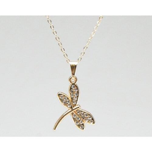 Zircon Stone Dragonfly Figured Stainless Gold Color Womens Necklace