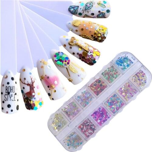 YZWLE 12 Grids/Set Mixed Color Round Nail Glitter Flakes 1/2/3mm 3D Sequins Paillette Powder Charm Nail Art Decoration Manicure
