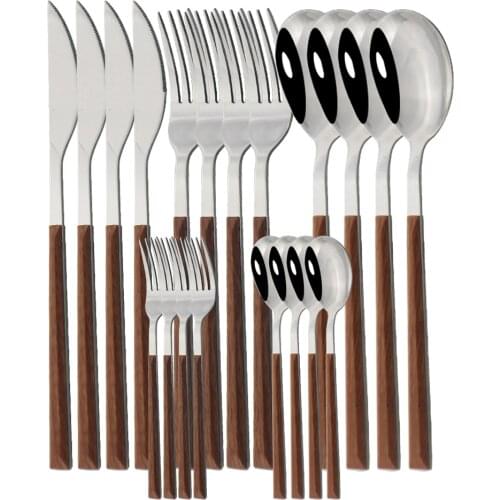 20Pcs Silver Wooden Handle Western Tableware Set Stainless Steel Cutlery Set Knife Fork Spoon Teaspoon Dinner Dinnerware Set