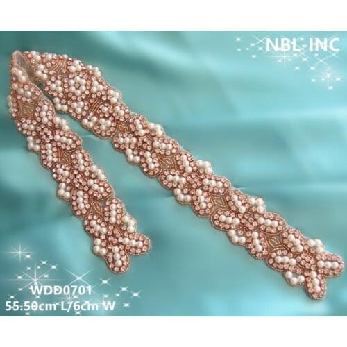 30PCS )Wholesale hand beaded sewing bridal rose gold rhinestone pearl appliques for wedding dresses sash DIY iron on WDD0701