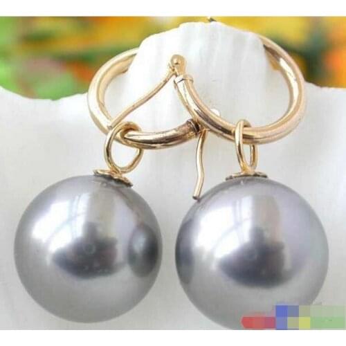 Free Shipping 16MM ROUND GRAY SOUTH SEA SHELL PEARL DANGLE EARRING