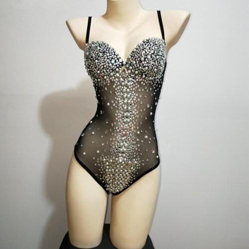 Sparkly Pearl Crystals Black Mesh Perspective Bodysuit Sexy Women Nightclub Dance Team Stage Outfit Bar Party Pole Dance Costume