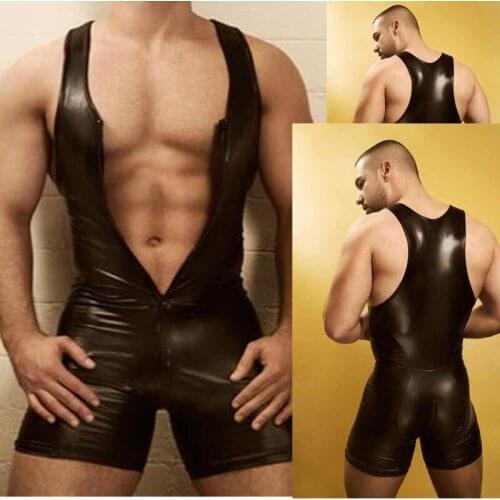Men Bodysuit Black Sexy Wetlook Faux Leather sleeveless Zipper Open Bust Stretch Tight Gay Lingerie Costumes Clubwear