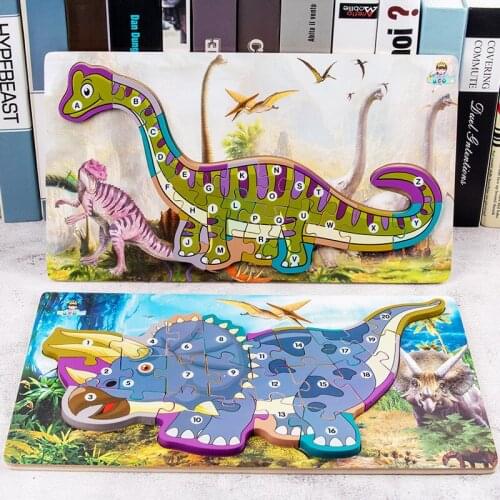 Large 3D Puzzles Wood Dinosaur Puzzles Board Alphanumeric Puzzle English Alphabet Digitals Cognition Toys for Kids Family game