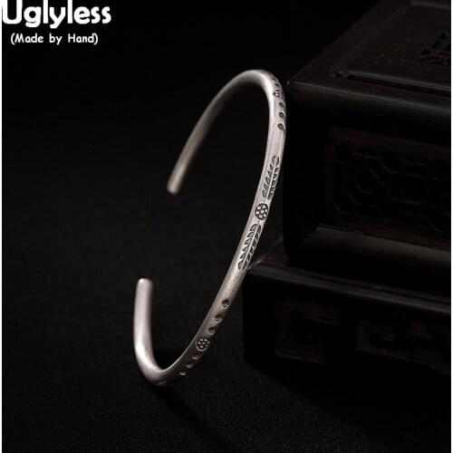 Uglyless Real 925 Sterling Silver Thin Bangles for Women Handmade Carved Totem Patterns Open Bangle Ethnic Thai Silver Jewelry