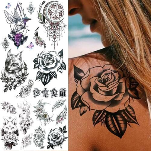 Black Large Rose Temporary Tattoos For Women Female Realistic Geometric Tatoo Hummingbird Cat Wolf Moon Fake Tattoo Sticker