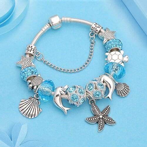 Dropshipping HOT Ocean Blue Crystal Charm Bracelet Beach Animal Bead Bracelet Silver Color Starfish Turtle Shell Diy Bracelet