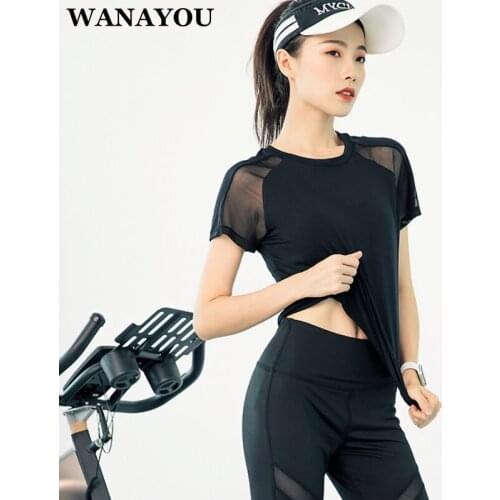 WANAYOU Loose Breathable Yoga Shirt , Women Mesh Stitching Running Training Sports T-Shirt , Quick Dry Fitness Gym Workout Top