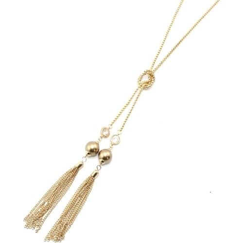 Office Cute Style Double Golden Simulated Pearl Tie Link Chain Double Long Tassel Necklace for Women and Girl