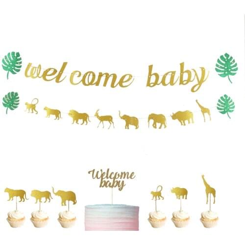 Welcome Baby Glitter Jungle Animal Banner Garland for Forest Animals Baby Shower Gender Neutral Decoration Party Supplies