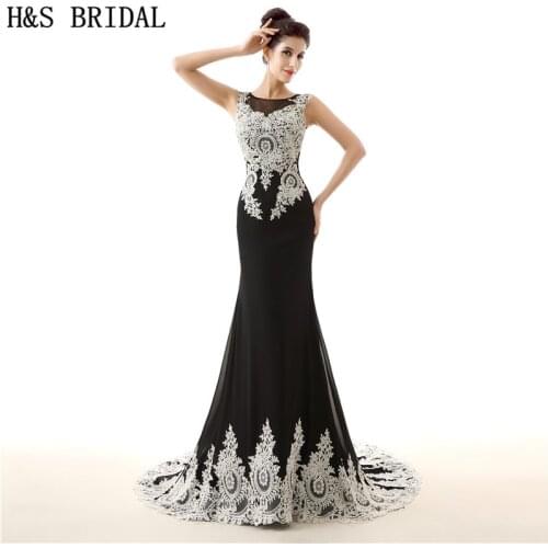 H&S BRIDAL O-Neck White Black Chiffon Evening Dress Mermaid evening gowns for women Sheer Back long dress elegant evening