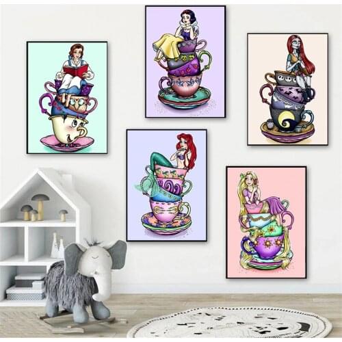Disney Canvas Painting "Cup Cartoon Princess Character" Posters and Prints Cuadros Wall Art Picture for Girls Room Decor Gift