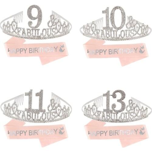 9 10 11 13 Birthday Crown and Sash for Girls 9th 10th 11th 13th Fabulous Sash and Crystal Tiara Birthday Party Supply Decoration