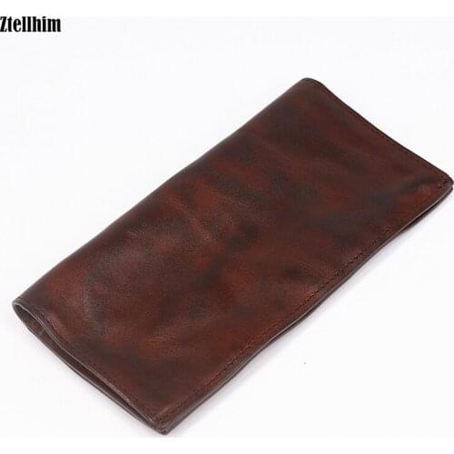 100% Genuine Leather Wallet For Men Male Vintage Cowhide Mens Long Bifold Wallets Purse With Card Holder Zipper Coin Pocket Bag