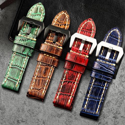 Crocodile Pattern Leather Watchband, 20MM 22MM 23MM 24MM Brushed Two-Tone Calfskin Strap, Retro Style, Suitable For Mens Strap