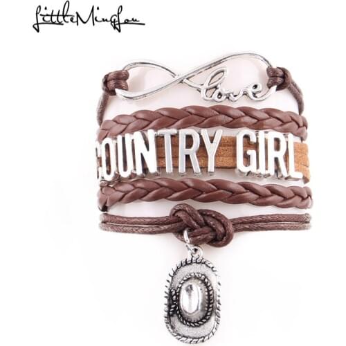 Little MingLou infinity love country girl bracelet cowboy hat charm leather wax knot wrap bracelets & bangles for women jewelry