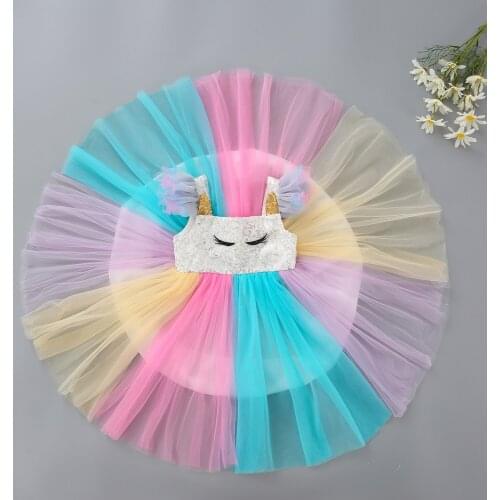 Cute Girls Dress Toddler Baby Kids Girl Sequin Colorful Dresses Casual Tulle Dress Summer Baby Girl Cartoon Fly Sleeve Clothes